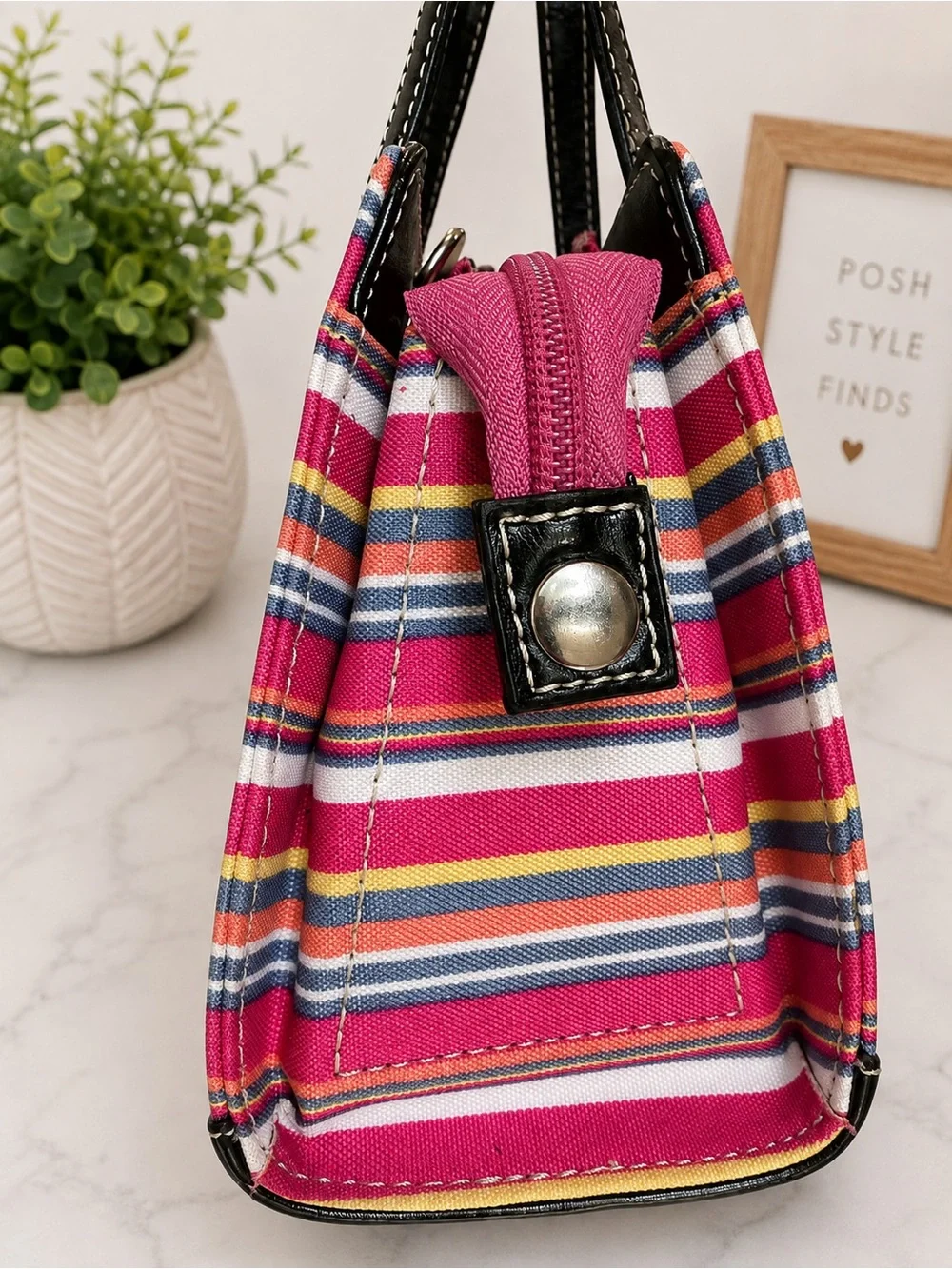 Kate Spade Striped Canvas Bow Satchel Tote Pink Black Y2K Vintage Bag